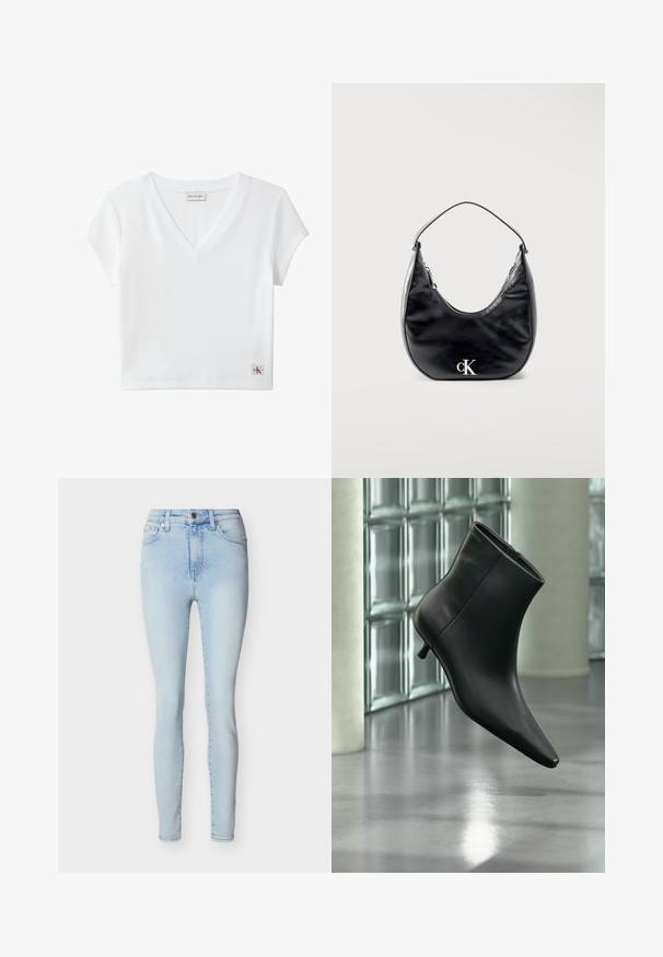 Hvid kortærmet ribbet V-hals crop top med Calvin Klein Jeans-mærke ved baghalsen og lille CK-logo på kanten.; Lyseblå skinny jeans med højtaljede, frontknap og lynlåslukning, fem lommer og diskret falmning ned ad benene.; Sort læderankelstøvle med spids tå og lav kitten-hæ, vist vinklet mod en poleret gulv- og glasblokvæg.; Sort lædertaske i halvmåneform med kort strop og sølvfarvet "cK"-logo foran, lynlåslukning i toppen.
