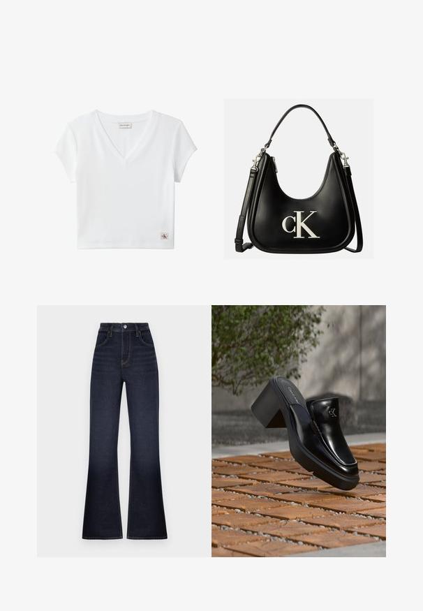 Witte kortermige geribde V-hals cropped top met Calvin Klein Jeans-label aan de achterkraag en een klein CK-logo op de zoom.; Donkerblauwe flared jeans van denim. Hoog in de taille met standaardzakken en een knoopsluiting. Heeft contrasterende stiksels langs de naden.; Zwarte leren Calvin Klein slip-on mule met blokhak rustend op houten tegels buiten, vlak bij een groene plant en een grijze muur.; Zwarte leren handtas met zilveren "cK" logo aan de voorkant, met korte handgreep en langere verstelbare schouderriem.