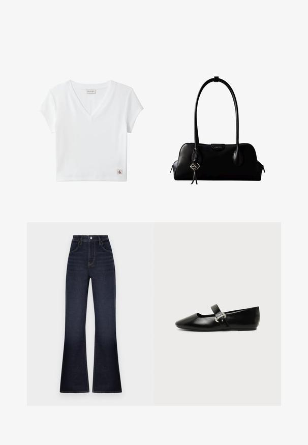Witte kortermige geribde V-hals cropped top met Calvin Klein Jeans-label aan de achterkraag en een klein CK-logo op de zoom.; Donkerblauwe flared jeans van denim. Hoog in de taille met standaardzakken en een knoopsluiting. Heeft contrasterende stiksels langs de naden.; Zwarte leren Mary Jane platte schoen met een afgeronde neus en zilveren gespsluiting op een effen achtergrond.; Zwarte leren Calvin Klein handtas met lange hengsels, een logo-label aan de voorkant en een zilverkleurige geometrische hanger die aan één hengsel hangt.
