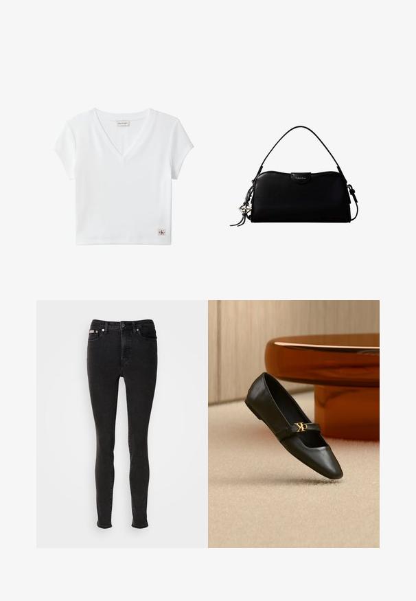 Hvid kortærmet ribbet V-hals crop top med Calvin Klein Jeans-mærke ved baghalsen og lille CK-logo på kanten.; Sorte skinny jeans lavet af denim med en glat tekstur, der har fem-lomme-design, bæltestropper og lukning med metalknap.; Sort læder flad sko med spids tå og gyldent CK-logo på rem, placeret på beige tæppe nær et rundt ravbrunt bord.; Sort rektangulær Calvin Klein håndtaske med enkelt toprem, sølvlogo vedhæng og lille klaplukning foran.