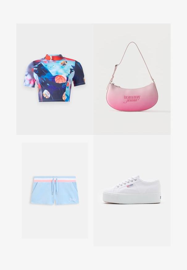 Korte mouw cropped top van rekbare, gladde stof met een levendige meerkleurige print met basketbalmotieven en een ontwerp met hoge kraag.; Lichtblauwe velours short met een roze-wit gestreepte tailleband, een trekkoordsluiting en zijzakken. Voorzien van "Juicy" in witte borduursels.; Witte canvas sneaker met een dikke witte platformzool, ronde neus en metalen oogjes voor veters. Merkl logo aan de zijkant weergegeven.; Roze schoudertas met verloopkleur, gebogen vorm, verstelbare riem en 'tommy jeans' in reliëf aan de voorkant.