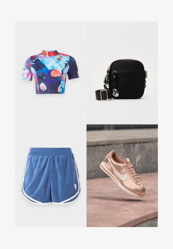 Korte mouw cropped top van rekbare, gladde stof met een levendige meerkleurige print met basketbalmotieven en een ontwerp met hoge kraag.; Blauwe badstof sportshorts met elastische tailleband en witte biezen langs de randen en zijkanten.; Roze gouden Nike-sneaker met een witte swoosh en zool, veters gestrikt, zwevend boven een roze betonnen oppervlak met een grijze stenen achtergrond.; Zwarte schoudertas van nylon met een ritssluiting, zilveren hardware en een verstelbare schouderband. Heeft een voorkant vak voor kleine spullen.