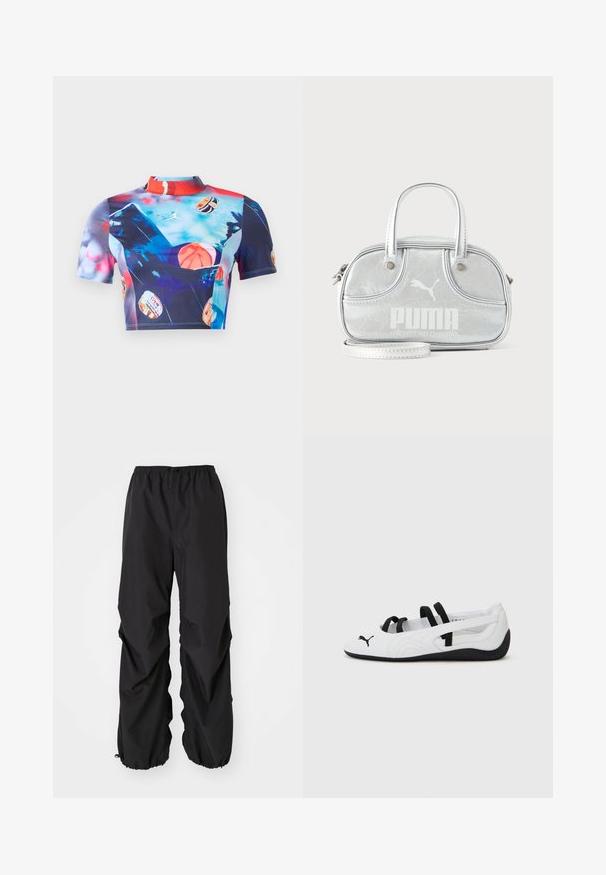 Korte mouw cropped top van rekbare, gladde stof met een levendige meerkleurige print met basketbalmotieven en een ontwerp met hoge kraag.; Zwarte elastische taillebandbroek van waterafstotend materiaal. Heeft een losse pasvorm metGathered cuffs bij de enkels en geen zichtbare patronen.; Witte sportieve schoenen met zwarte accenten, met een ronde neus, elastische banden en een gestructureerde rubberen zool. Puma-logo aan de voorkant.; Kleine metallic zilveren Puma-handtas met dubbele bovenhengsels, een lange riem, voorlogo en ritssluiting op een effen lichte achtergrond.