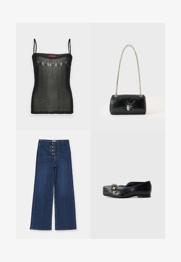 Débardeur noir en tissu transparent, mettant en valeur de délicats détails brodés le long de l'encolure et des fines bretelles réglables.; Jean en denim à jambes larges de couleur bleu foncé, avec une taille haute et une fermeture à cinq boutons à l'avant, ayant une texture lisse et un léger dégradé.; Chaussure plate en cuir noir avec un bout carré, sangle élastique et ornement métallique à l'avant, présentant une texture lisse et un talon minimal.; Sac à main en cuir noir avec une bandoulière chaîne argentée et un fermoir argenté, exposé sur un fond uni clair.
