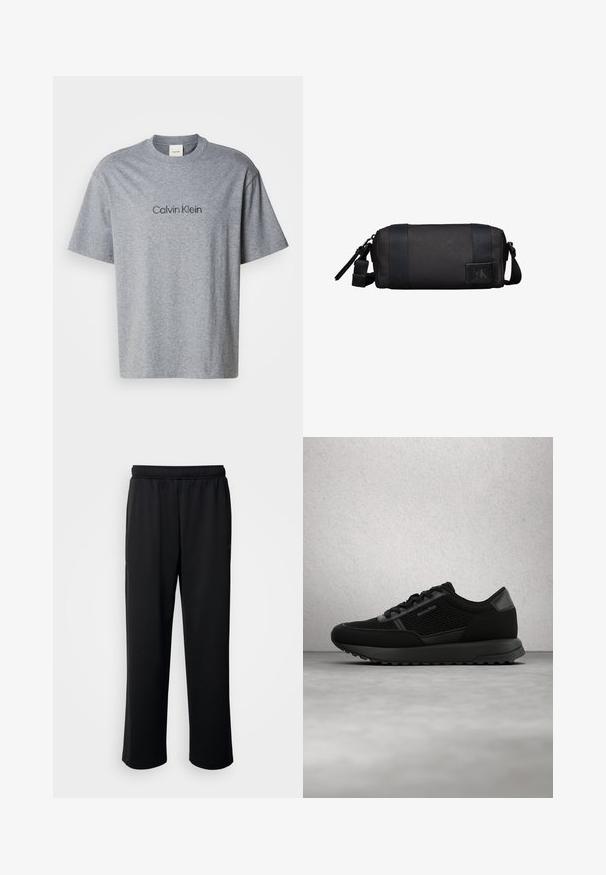 Grijze katoenen t-shirt met korte mouwen, ronde halslijn en een geprinte "Calvin Klein" logo in een donkerdere tint over de borst.; Zwarte sportbroek van zachte, ademende stof. Beschikt over een elastische tailleband en rechte pijpen zonder opvallende accenten of patronen.; Zwarte sportieve sneaker met mesh- en leren details, dikke zool en veters, zwevend weergegeven boven een gepolijste betonnen vloer bij een witte pilaar.; Compact zwarte cilindrische toilettas met verstelbare riem en Calvin Klein-logo op de voorste patch.