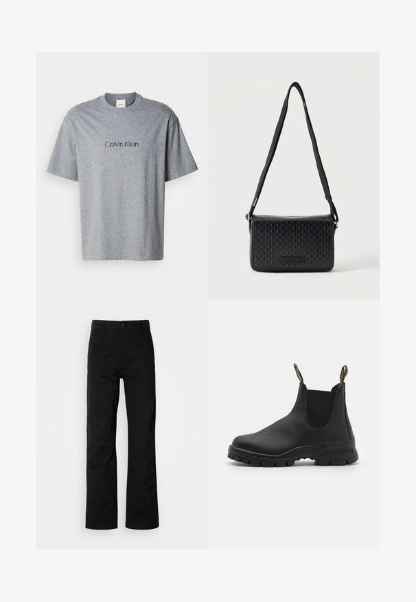 Camiseta de algodón gris con mangas cortas, cuello redondo y un logotipo impreso de "Calvin Klein" en un tono más oscuro en el pecho.; Pantalones de algodón negros con un diseño de pierna recta, que cuentan con un cierre de botón y lazos para cinturón. Textura suave y estilo minimalista sin patrones visibles.; Botas negras hasta el tobillo hechas de goma suave, con paneles laterales elásticos, una suela texturizada para mayor agarre y lengüetas en la parte trasera para facilitar su colocación.; Bolso bandolera negro con correa ajustable y sutil patrón geométrico en la solapa frontal, mostrado sobre un fondo blanco.