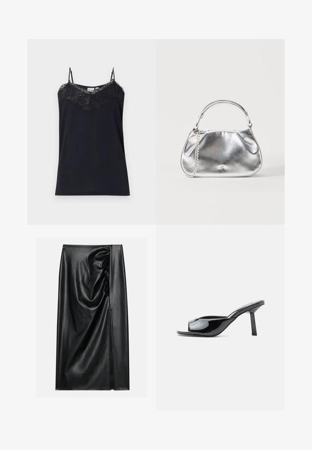 Camisole noire avec des bretelles fines et ajustables, et un bord en dentelle le long du décolleté. Texture lisse, forme ajustée, et bords en dentelle effilochés.; Jupe en cuir noir avec une texture lisse, présentant une section froncée sur un côté et une fente sur le côté pour un détail supplémentaire.; Mule ouverte à orteils noirs brillants avec un talon carré mi-haut et une bride incurvée sur le devant, sur fond blanc.; Petit sac à main métallique argenté avec une poignée courte et une chaîne comme détail, sur un fond blanc uni.