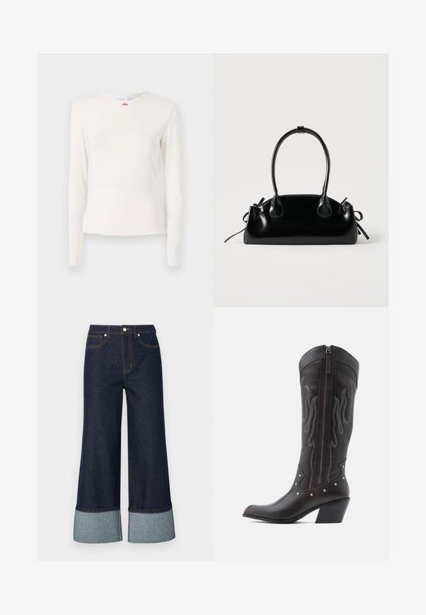 Langærmet, ribbet hvid bluse med rund halsudskæring, frynset kant og subtil blomsterdetalje nær kraven. Blødt, struktureret stof.; Bredde jeans lavet af mørk denim, med en lysere denimmanchet. Designet omfatter forlommer og kontrastsyningsdetaljer.; Brune læder cowboystøvler med flammebroderi, sidelukning med lynlås, sølvnitter, spids snude og lagdelt hæl.; Lille sort blank håndtaske med to lange håndtag og snøre-detaljer i siden på en ensfarvet lys baggrund.