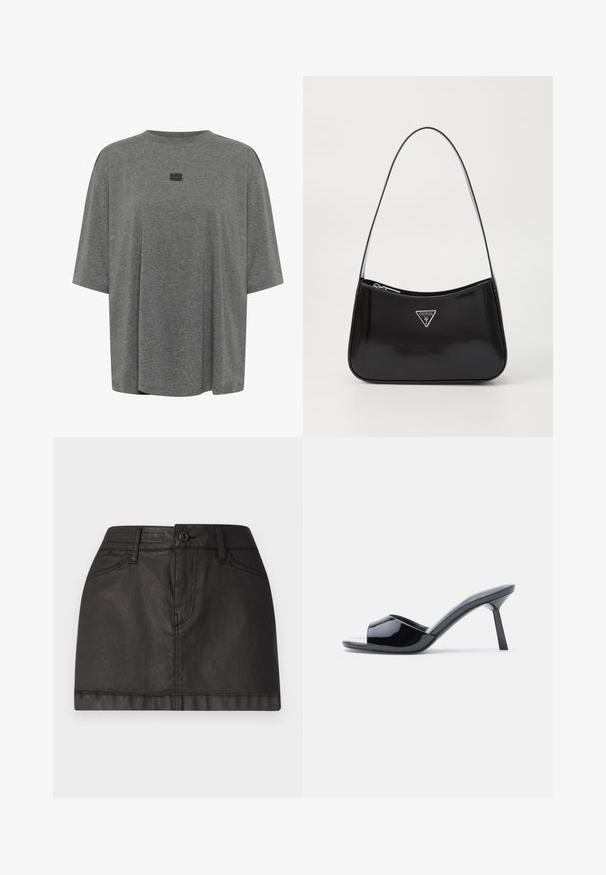 T-shirt oversize gris en tissu doux. Présente un col rond, des manches courtes et un logo subtil au centre.; Jupe mini en denim noir avec une fermeture à boutons à l'avant, des passants de ceinture et deux poches avant. Texture lisse avec un subtil éclat.; Sandales à talons ouverts en cuir verni noir, avec un design supérieur incurvé et un talon aiguille effilé. Finition lisse et brillante.; Sac à épaule en cuir verni noir avec une forme incurvée, présentant un logo triangle en argent et une fermeture éclair. Texture lisse et bandoulière fine.