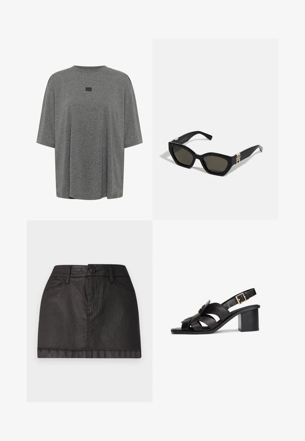 T-shirt oversize gris en tissu doux. Présente un col rond, des manches courtes et un logo subtil au centre.; Jupe mini en denim noir avec une fermeture à boutons à l'avant, des passants de ceinture et deux poches avant. Texture lisse avec un subtil éclat.; Sandale noire en cuir à bout ouvert avec talon bloc, brides croisées, fermeture à boucle sur la bride de la cheville et détails décoratifs dorés.; Tommy Hilfiger Lunettes de soleil - black