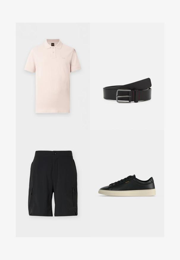 Polo rose clair à manches courtes avec deux boutons, un col et un logo "BOSS" discret sur la poitrine gauche.; Shorts noirs mi-cuisses avec poches zippées latérales et fermeture par bouton à la taille, présentés sur un fond blanc uni.; Baskets basses en cuir noir avec semelle blanche, lacets noirs et petit logo BOSS doré sur le côté.; Ceinture en cuir noir avec un design plat, boucle métallique et détail de couture rouge. Texture lisse et extrémités arrondies.
