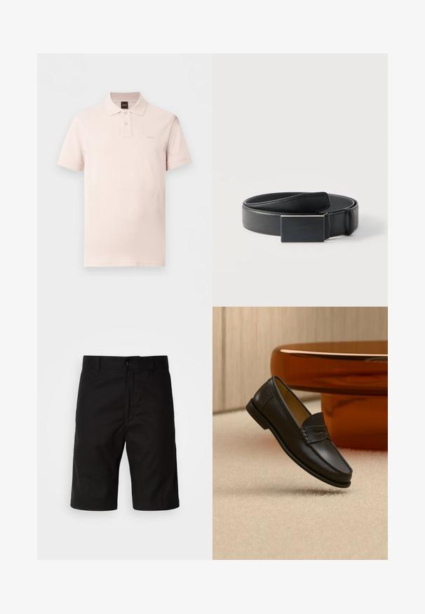 Polo rose clair à manches courtes avec deux boutons, un col et un logo "BOSS" discret sur la poitrine gauche.; Shorts noirs en tissu uni, avec une coupe droite, fermeture à bouton et une texture lisse sans motifs visibles.; Chaussure mocassin en cuir noir suspendue au-dessus d’un tapis beige avec du mobilier moderne couleur ambre en arrière-plan.; Ceinture en cuir noir enroulée avec une boucle noire mate rectangulaire et un logo embossé discret sur fond blanc.