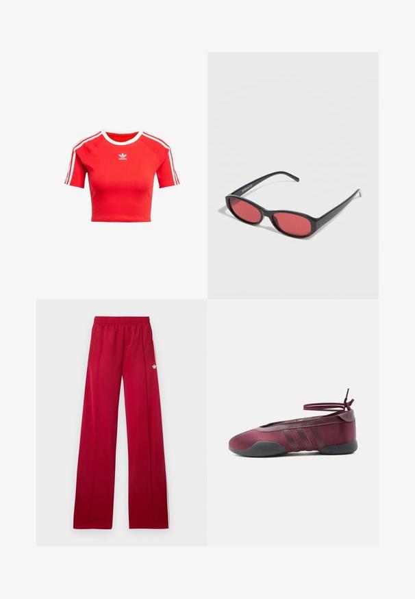 Rotes, kurzes T-Shirt aus Baumwolle, mit kurzen Ärmeln, weißen Streifen und weißem Kragen. Auf der Vorderseite ist das Adidas-Logo in Weiß abgebildet.; Rote weite Jogginghosen mit elastischem Bund, seitlichen Reißverschlusstaschen, weißen Streifen an den Seiten und kleinem weißem Logo am linken Oberschenkel.; Bordeauxrote Ballerina mit schwarzer Sohle, elastischen Knöchelriemen, die zu einer Schleife gebunden sind, und gesteppten Details an den Seiten, von der Außenseite gezeigt.; Schwarze ovale Sonnenbrille mit schlanken Bügeln und rot getönten Gläsern, die auf einer weißen Oberfläche liegt.