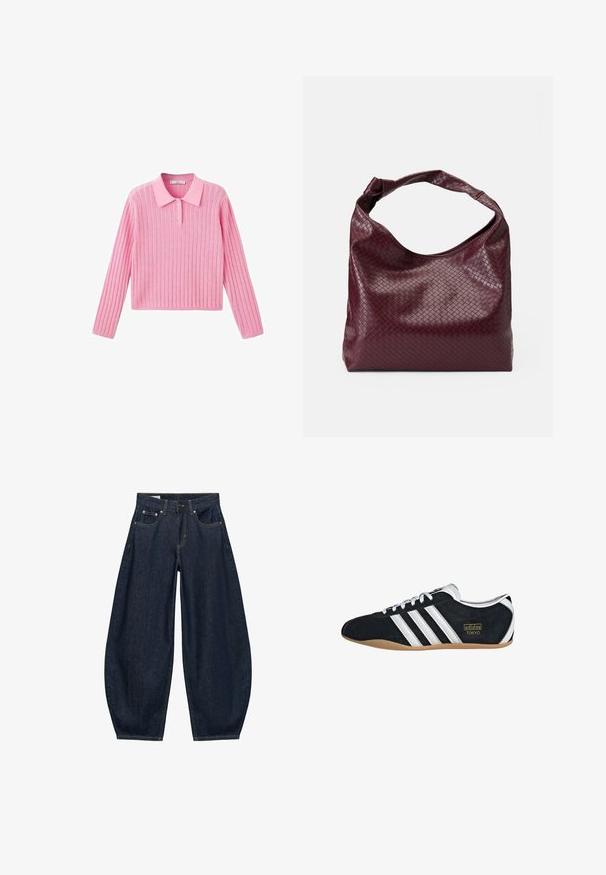 Pull en maille rose à manches longues et col, avec trois boutons au niveau du col et une taille courte.; Jean en denim bleu foncé à jambes larges avec poches avant, passants de ceinture et fermeture par bouton à la taille.; Sneakers en suede noir avec trois bandes blanches, logo doré et semelle en caoutchouc marron. Présente un design à lacets à profil bas.; Sac bordeaux avec un motif tissé texturé, en cuir souple, doté d'une anse unique nouée. Conception spacieuse de style hobo.