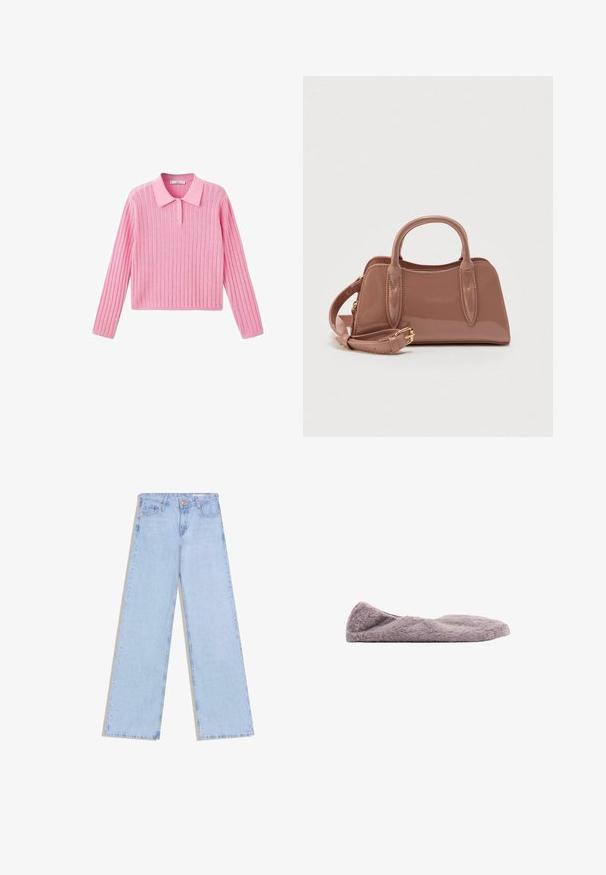 Roze geribbelde trui met lange mouwen en een kraaghalslijn, voorzien van drie knopen bij de kraag en een cropped zoom.; Lichtblauwe denim jeans met hoge taille en brede pijpen, met knopen aan de voorkant en zakken, plat gelegd op een witte achtergrond.; Lichtpaarse slipper met een zachte, pluche textuur, afgeronde vorm en minimalistisch ontwerp. Bevat een lage profiel voor eenvoudig dragen.; Glanzend rozenkleurige handtas met dubbele bovenhandvatten, een afneembare schouderriem en decoratieve stikdetails. Compacte, gestructureerde vorm.