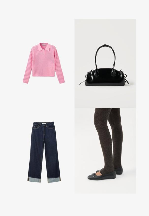 Roze geribbelde trui met lange mouwen en een kraaghalslijn, voorzien van drie knopen bij de kraag en een cropped zoom.; Donkerblauwe wijde jeans met een hoge taille, voorzien van omgeslagen manchetten, contrasterende stiksels en een vijf-pocket ontwerp. Gemaakt van denim stof.; Benen met donkere geribbelde leggings gecombineerd met zwarte ballerina's met kleine strikdetails op een witte achtergrond.; Kleine zwarte glanzende handtas met twee lange hengsels en zijkant trekkoord details op een effen lichte achtergrond.