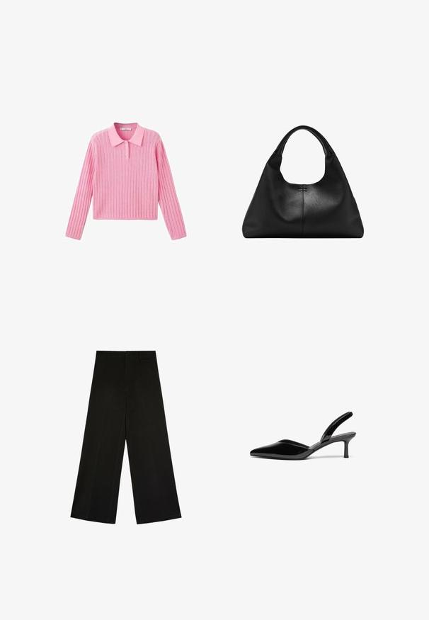 Roze geribbelde trui met lange mouwen en een kraaghalslijn, voorzien van drie knopen bij de kraag en een cropped zoom.; Zwarte wijde broek met knoop- en ritsluiting, riemlussen en voorplooi-details, plat liggend op een witte achtergrond.; Zwarte gepolijste leren slingback hakken met een puntige neus, een lage stiletto hak en een elegant, eenvoudig ontwerp zonder versieringen.; Zwarte handtas van getextureerd leer met brede basis en dikke afgeronde handgrepen, met een centrale verticale naad en subtiele stikdetails.
