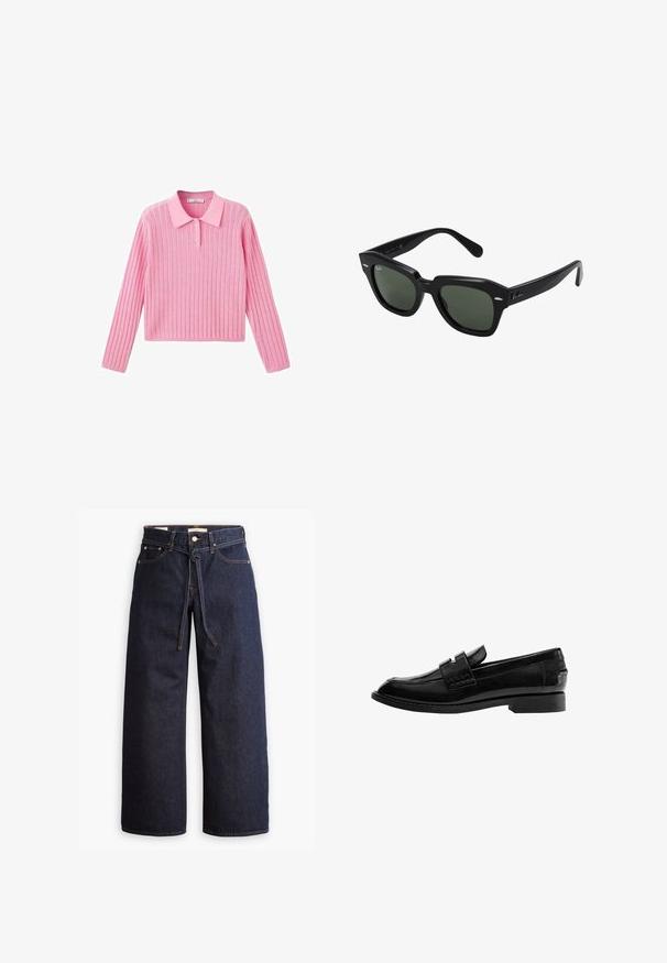 Roze geribbelde trui met lange mouwen en een kraaghalslijn, voorzien van drie knopen bij de kraag en een cropped zoom.; Wijd pijpjes donkerblauwe denim jeans met een hoge taille, voorzien van een trekkoord, vijf zakken en contrasterende stiksels.; Zwarte leren loafer met een glanzende afwerking, licht puntige neus, instapmodel, en een lage rechthoekige hak met gestikte details.; Zwarte vierkante zonnebril met donker groene lenzen, uitgerust met gedurfde monturen en zilveren accenten aan de zijkanten. Gemaakt in Italië.