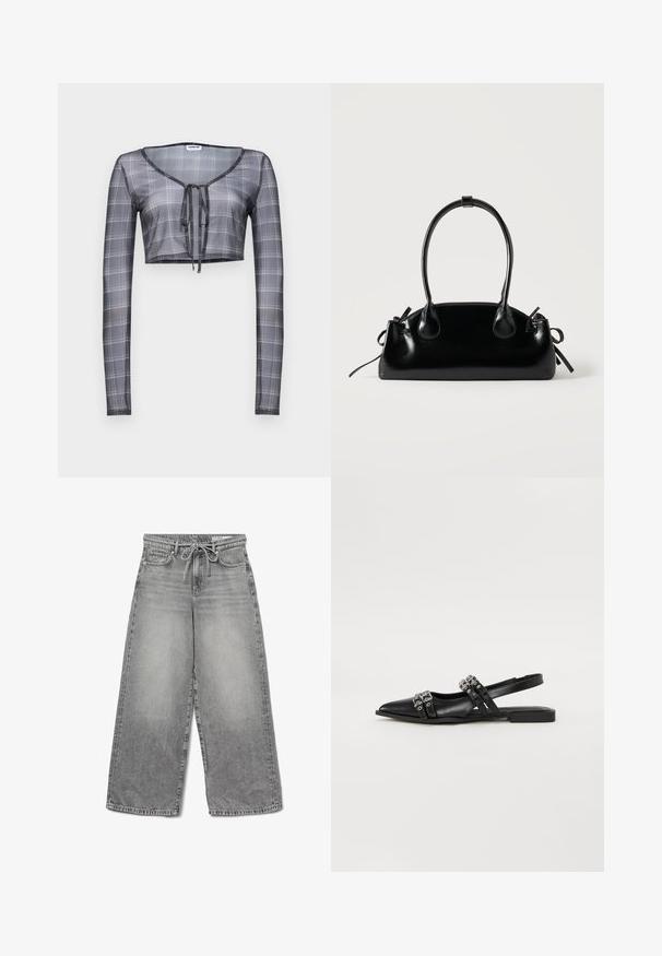 Kort bovenstuk met lange mouwen in doorschijnende grijze stof met een ruitpatroon, met een V-halslijn en een striksluiting aan de voorkant.; Grijze denim jeans met wijde pijpen, een verfomfaaide afwerking, een trekkoord in de taille en een traditioneel vijfvakdesign, met zichtbare stikdetails.; Even&Odd Slingback ballerina´s - black; Kleine zwarte glanzende handtas met twee lange hengsels en zijkant trekkoord details op een effen lichte achtergrond.