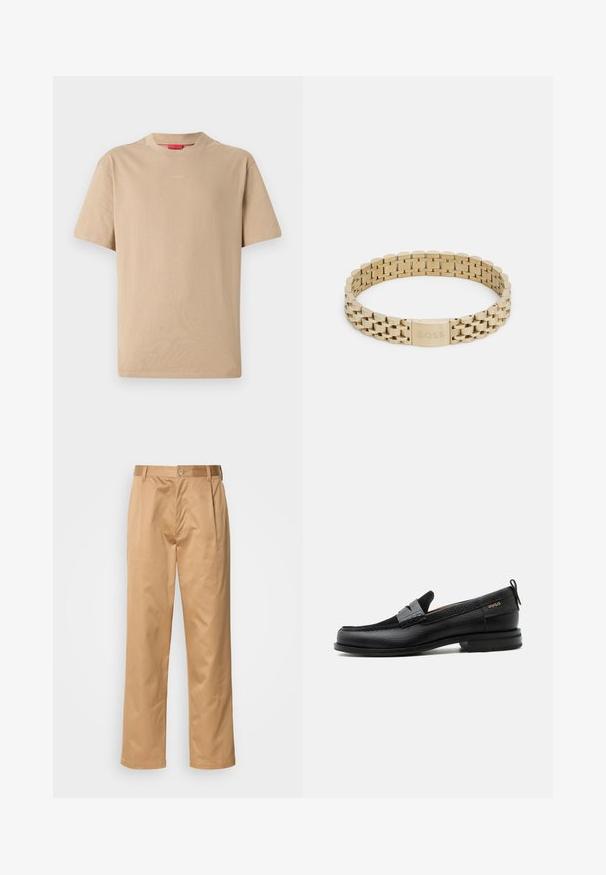 Beige Baumwoll-T-Shirt mit kurzen Ärmeln, Rundhalsausschnitt und dezentem "HUGO"-Logo in der Mitte. Angenehme Textur, legerer Schnitt.; Khaki-Hosen aus Baumwollmischung, im geraden Schnitt, mit Vorderfalten, Gürtelschlaufen und Knopfverschluss. Glatte Textur ohne Muster.; Schwarzer Lederloafer mit grauem Riemendetail, niedrigem Absatz und strukturierter Sohle, seitlich mit „HUGO“ in Gold gebrandmarkt.; Goldfarbenes Metallarmband mit einem Gliederdesign, das eine glatte Textur aufweist und einen Verschluss hat, der mit "BOSS" graviert ist.