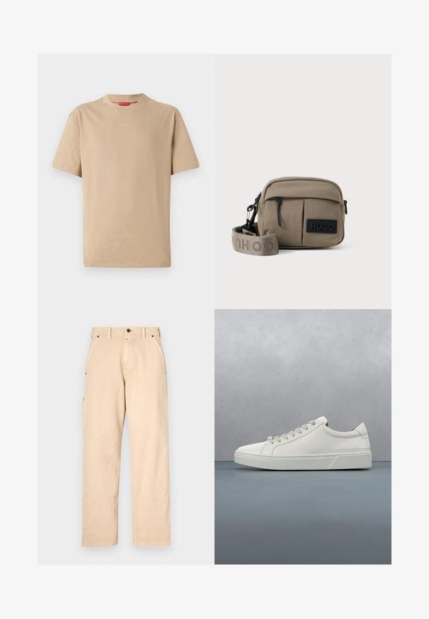 Beige Baumwoll-T-Shirt mit kurzen Ärmeln, Rundhalsausschnitt und dezentem "HUGO"-Logo in der Mitte. Angenehme Textur, legerer Schnitt.; Beige Baumwollhose mit geradem Bein, ausgestattet mit Seitentaschen, Gürtelschlaufen und vorderem Knopfverschluss. Glatte Textur, minimalistisches Design.; Weißes Leder-Sneaker mit abgerundetem Zehenbereich, minimalistisches Design, graue Schnürsenkel und einer strukturierten grauen Gummisohle. Dezente Nähte sichtbar.; Khaki-farbene Nylon-Crossbody-Tasche mit zwei Reißverschluss-Vordertaschen, verstellbarem Tragegurt und einem schwarzen Logo-Patch auf der Vorderseite. Glatte Textur.