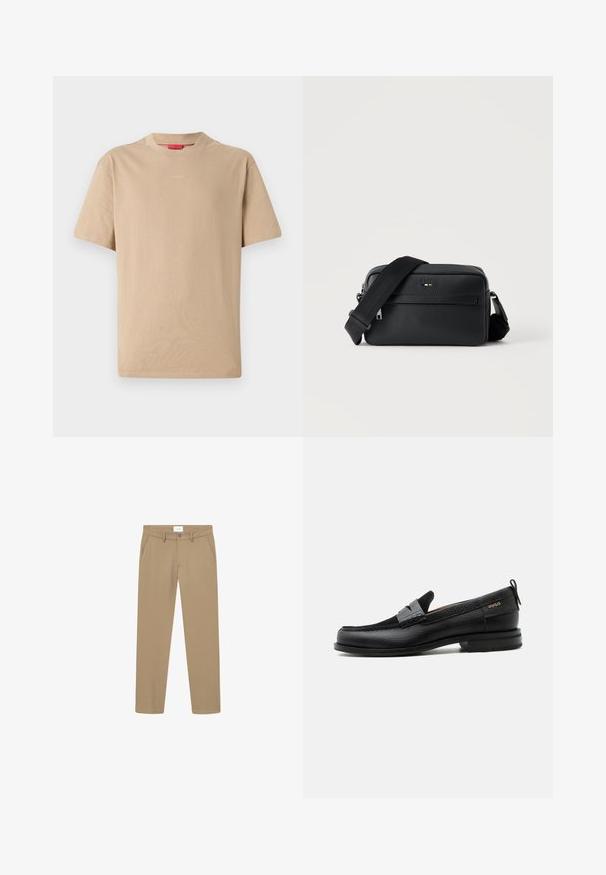 Beige puuvillane T-särk lühikeste varrukatega, ümar kaelus ja diskreetne "HUGO" logo keskel. Sile tekstuur, mugav lõige.; Beezid püksid sujuva tekstuuriga, sirge jalaga disain, ees olevad taskud ja nööbist sulgur. Sildil on nähtav vöökoht.; Must nahast loafer halli rihma detailiga, madala kand ja tekstuurse tallaga, külgedel kuldse "HUGO" brändiga.; Mustast tekstuuriga nahast ristkere kott esiküljel lukuga tasku ja reguleeritava laia kangast õlarihmaga valgel taustal.