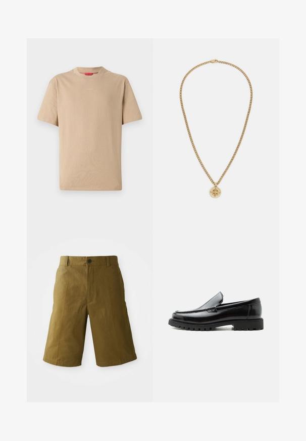 T-shirt en coton beige à manches courtes, col rond, avec un logo "HUGO" discret au centre. Texture lisse, coupe décontractée.; Shorts olive verts au genou avec fermeture à bouton, passants de ceinture et coupe ajustée sur fond blanc.; Mocassin en cuir noir avec semelle en caoutchouc épaisse, dessus cousu et nom de marque embossé sur le talon, présenté de profil sur fond blanc.; Collier en pendentif en or avec un design de chaîne, présentant un motif circulaire de boussole. La chaîne est texturée avec des maillons entrelacés.