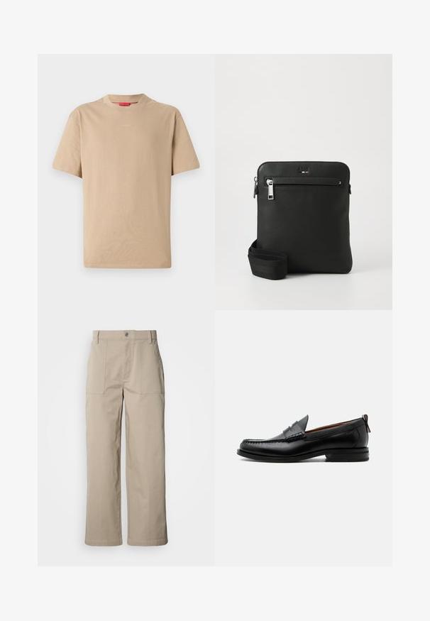 Beige Baumwoll-T-Shirt mit kurzen Ärmeln, Rundhalsausschnitt und dezentem "HUGO"-Logo in der Mitte. Angenehme Textur, legerer Schnitt.; Beige Hosen mit weitem Bein aus Baumwolle; mit vorderen aufgesetzten Taschen, einem Knopfverschluss und sichtbaren Nähten entlang der Säume.; Schwarzer Leder-Herrenschuh mit Mokassinnaht, Penny-Riemen, strukturiertem Kragen und niedrigem gestapeltem Absatz auf weißem Hintergrund.; Schwarze Leder-Umhängetasche mit flachem Design, strukturierter Oberfläche, Reißverschluss, Vordertasche und verstellbarem Stoffriemen.