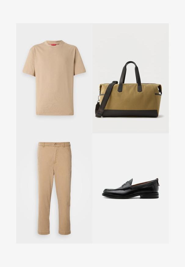 Beige bomulds T-shirt med korte ærmer, rund halsudskæring og subtilt "HUGO" logo i midten. Glat overflade, afslappet pasform.; Beige bomuldsbukser med lige ben, der har lynlåslukning og knaplukning fortil, manchetter og to sidelommer.; Sort læder herre loafer med moc-tå syning, penny strop, struktureret krave og lav stablet hæl på hvid baggrund.; Stor duffeltaske i brun- og sort farve med bærehåndtag i sort læder og aftagelig skulderrem, rektangulær form, BOSS-logo på fronten.