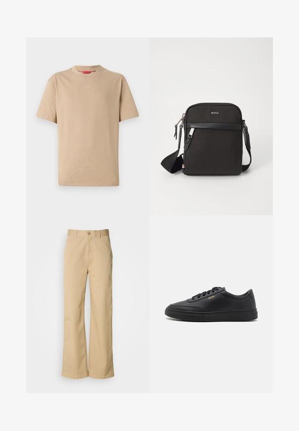 Beige Baumwoll-T-Shirt mit kurzen Ärmeln, Rundhalsausschnitt und dezentem "HUGO"-Logo in der Mitte. Angenehme Textur, legerer Schnitt.; Beige, weit geschnittene Hosen aus einer Baumwollmischung. Mit einem Knopfverschluss und Gürtelschlaufen. Glatte Textur mit minimalen Nähten.; Schwarze Leder-Sneaker mit glatter Textur, runder Zehenpartie, flacher Gummisohle und einfarbigen Schnürsenkeln. Mit goldfarbenem "BOSS" Logo an der Seite.; Schwarze Umhängetasche aus strukturiertem Stoff, mit Logo auf der Vorderseite, Reißverschluss und verstellbarem Tragegurt. Verfügt über eine glatte Lederbesatz.