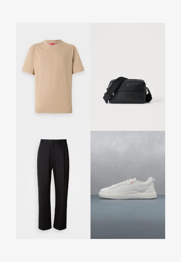 Beige Baumwoll-T-Shirt mit kurzen Ärmeln, Rundhalsausschnitt und dezentem "HUGO"-Logo in der Mitte. Angenehme Textur, legerer Schnitt.; Schwarze Hosen mit geradem Schnitt, aus leichtem Stoff gefertigt. Verfügt über einen vorderen Knopfverschluss und zwei seitliche Taschen; glatte Textur.; Weiße Sneaker aus glattem Leder, runde Spitze, vier Ösen, dezente Perforationen und ein rotes Logodetail an der Seite.; Schwarze, strukturierte Leder-Crossbody-Tasche mit vorderer Reißverschlusstasche und verstellbarem breitem Stoff-Schulterriemen auf weißem Hintergrund.