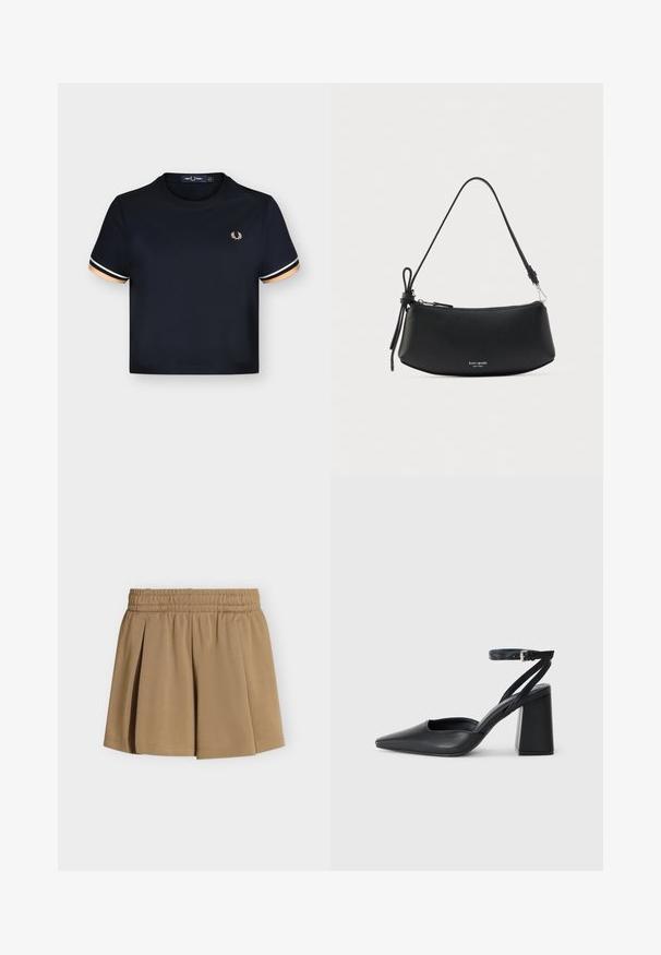 T-shirt court noir avec col rond, bande beige et blanche sur les manches courtes, et petit logo laurier beige sur la poitrine gauche.; Jupe plissée beige avec ceinture élastique, en tissu lisse, présentée sur un fond uni gris clair.; Escarpin noir en cuir à bout pointu avec une bride de cheville et un talon épais. Texture lisse, design élégant et esthétique minimaliste.; Sac à main en cuir noir à la forme courbée, finition texturée, et une seule bandoulière. Dispose d'une fermeture éclair et d'un logo à l'avant.