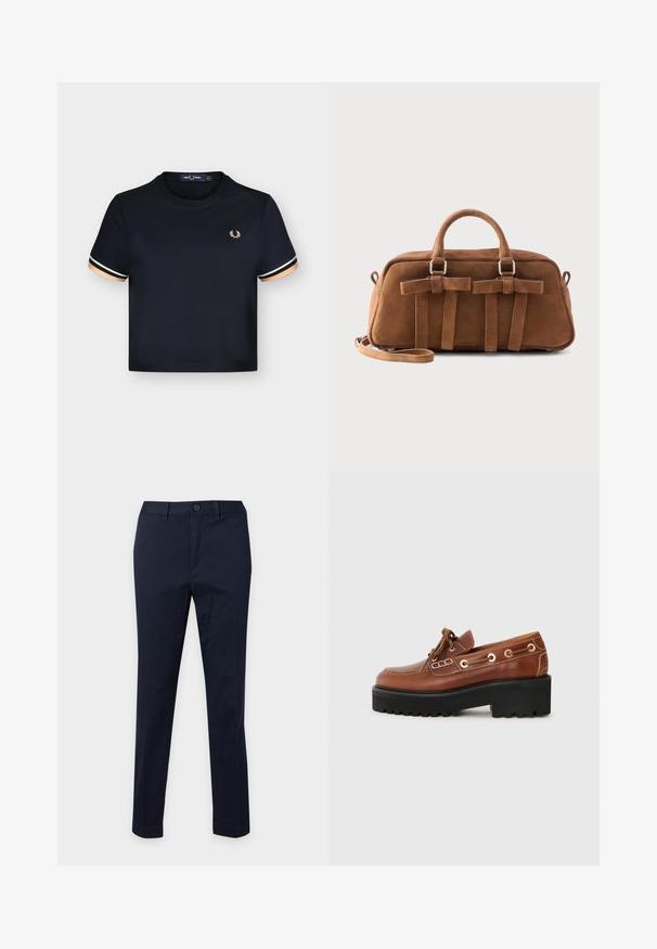 T-shirt court noir avec col rond, bande beige et blanche sur les manches courtes, et petit logo laurier beige sur la poitrine gauche.; Pantalon bleu marine slim fit avec fermeture à bouton et zip devant, passants pour ceinture et coupe droite.; Chaussure en cuir brun avec un bout arrondi, des coutures décoratives, des éléments en métal et une semelle noire épaisse avec une texture anti-dérapante.; Sac à main en suède marron avec poignées arrondies, lanières décoratives à l'avant, et une bandoulière détachable sur un fond clair.