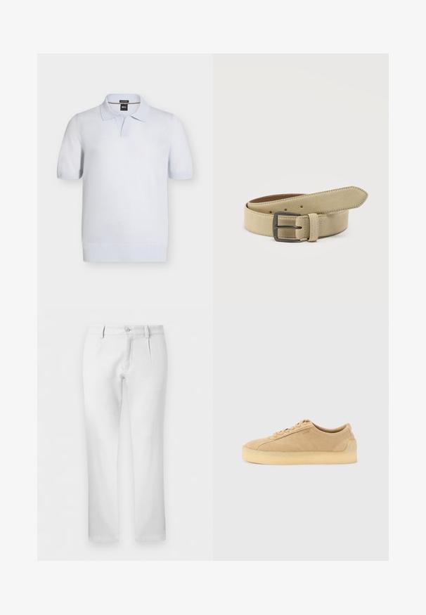 Polo bleu clair à manches courtes avec poignets et ourlet côtelés, col ouvert et étiquette de marque BOSS à l'intérieur du col.; Pantalon blanc droit avec passants pour ceinture, fermeture par bouton et plis avant sur fond uni.; Baskets basses en daim beige avec semelle épaisse en gomme, fermeture à lacets à l'avant, et logo discret sur le côté, sur un fond uni gris clair.; Ceinture en daim beige avec une boucle rectangulaire en métal sombre, plusieurs trous d'ajustement et une boucle cousue sur fond blanc.