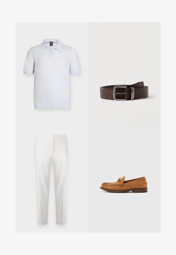 Polo bleu clair à manches courtes avec poignets et ourlet côtelés, col ouvert et étiquette de marque BOSS à l'intérieur du col.; Pantalon blanc sur mesure, coupe slim, avec passants de ceinture et plis marqués, présenté sur un fond uni.; Mocassin pour homme en daim marron clair avec détail en métal et couture mocassin, présenté en profil sur un fond blanc uni.; Ceinture en cuir marron foncé avec une boucle rectangulaire en argent, enroulée et placée sur un fond clair et neutre.