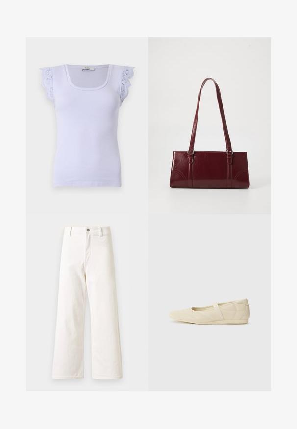 Haut sans manches blanc côtelé avec encolure carrée et détails en dentelle festonnée aux épaules sur un fond clair.; Pantalon en denim blanc à taille haute et jambes larges, fermeture devant par bouton et zip, passants pour ceinture, sans poches visibles.; Ballerines beiges avec une exterior en cuir lisse, un bout en forme d'amande et une sangle élastique sur le coup de pied, avec des détails de couture subtils.; Sac à main bordeaux en matériau brillant, de forme rectangulaire, avec deux anses et des accents légèrement courbés à l'avant.