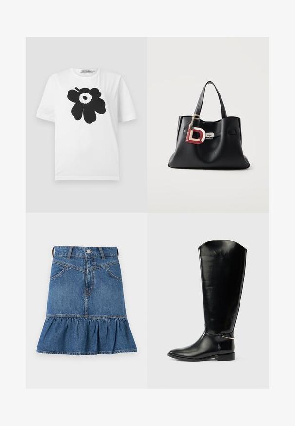 Witte katoenen T-shirt met een zwart bloemenpatroon, gekenmerkt door ronde bloembladen en een centrale stip, korte mouwen en een ronde halslijn.; Denimrok, blauw, met een aansluitende taille, vijf zakken en een uitlopende rucherand aan de onderkant. Inclusief een metalen knop en ritssluiting.; Hoge zwarte leren laars met een puntige neus, lage hak en zilverkleurig metalen detail bij de enkel, afgebeeld op een effen witte achtergrond.; Zwarte leren handtas met dubbele handvatten, zilveren gesp en een rood-witte letter "D" sleutelhanger bevestigd aan één handvat.