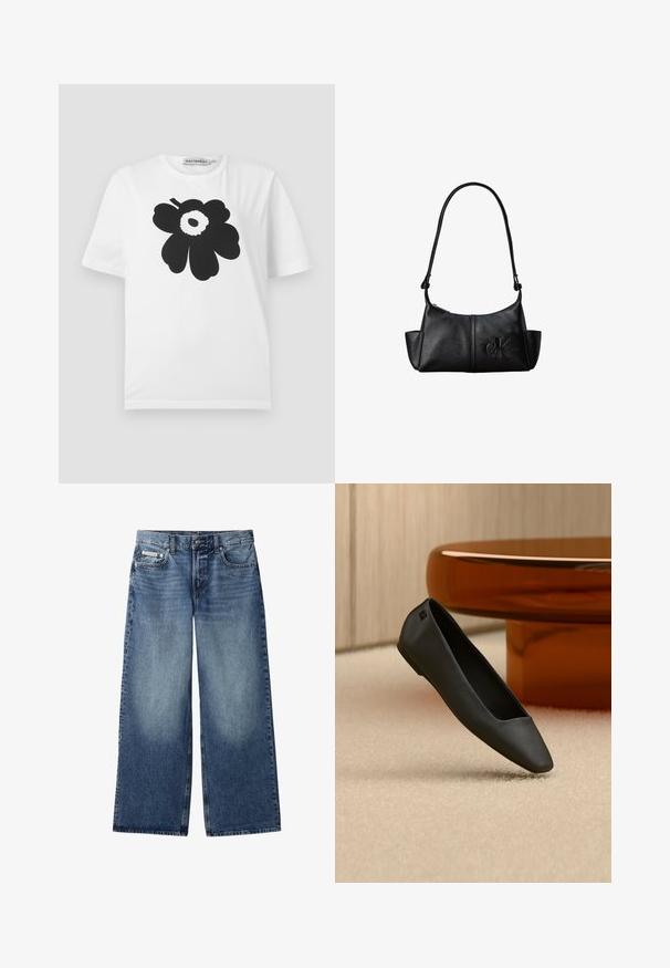T-shirt en coton blanc avec un motif floral noir comprenant des pétales arrondis et un point central, manches courtes et col rond.; Jean en denim bleu à jambes larges avec bouton devant, fermeture éclair, passants de ceinture et design à cinq poches, incluant un petit logo Calvin Klein sur la poche à monnaie.; Chaussure plate noire à bout pointu reposant sur un tapis beige près d'une table ronde de couleur ambre dans un décor minimaliste.; Sac à bandoulière en cuir noir avec une longue sangle, des poches latérales et le logo Calvin Klein embossé sur le devant.