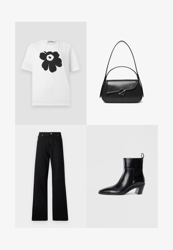 T-shirt en coton blanc avec un motif floral noir comprenant des pétales arrondis et un point central, manches courtes et col rond.; Jean large noir en denim avec un design à cinq poches, fermeture à bouton à l'avant et détails de couture subtils.; Bottine en cuir noir avec un bout pointu, un talon empilé géométrique et une languette à l'arrière. Texture lisse et design épuré.; Sac à bandoulière en cuir noir avec un rabat incurvé fermé par un fermoir métallique rond et une sangle fine et ajustable.