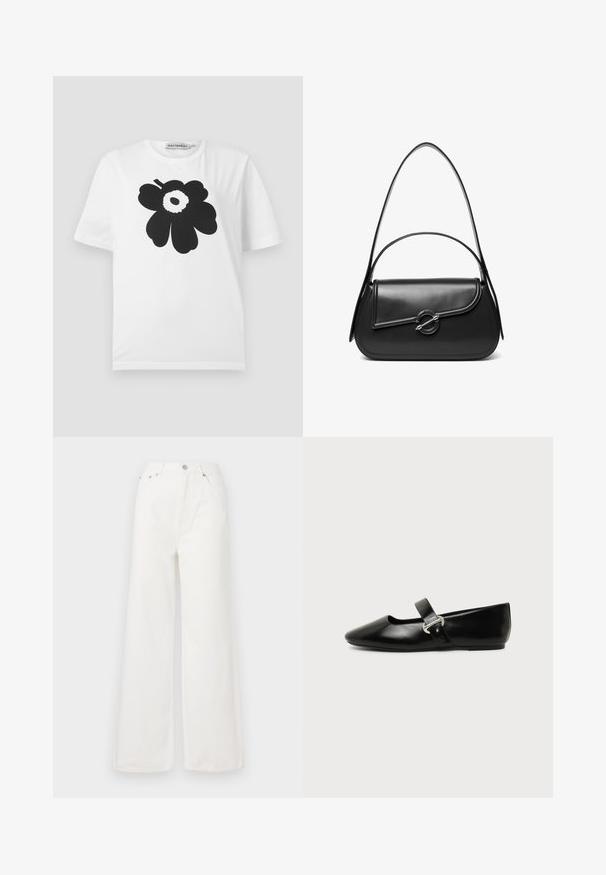 T-shirt en coton blanc avec un motif floral noir comprenant des pétales arrondis et un point central, manches courtes et col rond.; Jeans large à taille haute blancs en denim. Comprend des poches avant, une fermeture à bouton et des détails d'ourlet effiloché.; Chaussure plate Mary Jane en cuir noir avec bout arrondi et bride à boucle argentée sur fond uni.; Sac à bandoulière en cuir noir avec un rabat incurvé fermé par un fermoir métallique rond et une sangle fine et ajustable.