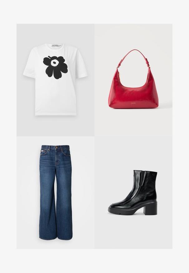 Witte katoenen T-shirt met een zwart bloemenpatroon, gekenmerkt door ronde bloembladen en een centrale stip, korte mouwen en een ronde halslijn.; Wijdvallende jeans van donkerblauwe denim. Kenmerken zijn een hoge taille, vijf zakken en contrasterende oranje stiksels langs de naden.; Zwarte gepatenteerde leren enkellaarsjes met een gebogen neus, elastische zijpanelen en een chunky blokhak. Voorzien van een reliëflogo aan de achterkant.; Rode leren schoudertas met gouden rits en verstelbare band, Calvin Klein-logo gecentreerd aan de voorkant.