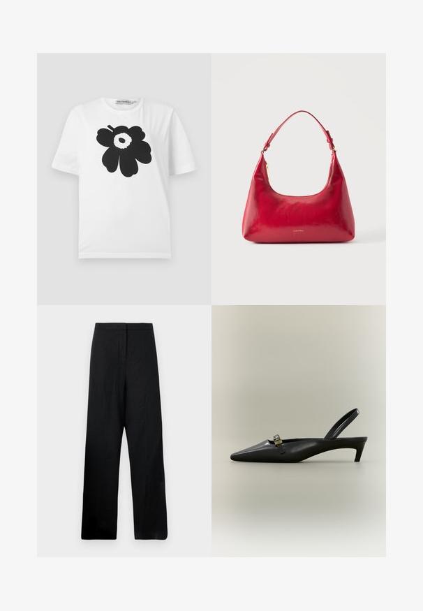 T-shirt en coton blanc avec un motif floral noir comprenant des pétales arrondis et un point central, manches courtes et col rond.; Pantalons larges noirs en tissu léger. Présentent une texture lisse, une taille haute et des détails de couture minimaux.; Escarpin slingback en cuir noir avec talon kitten, bout pointu et petite boucle dorée sur un fond uni.; Sac à épaule en cuir rouge avec fermeture éclair dorée et sangle réglable, logo Calvin Klein centré à l'avant.