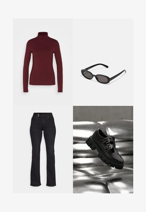 Pieces PCSIRENE ROLLNECK - Longsleeve - tawny port; Zwarte denim flared jeans met een hoge taille, twee voorkzakken en contrasterende metalen knopen. Soepele textuur met een lichte rek.; Zwarte schoen met dikke zool en dubbele zilveren gespen die boven een glanzend metallic zilveren getufte oppervlak zweeft.; Even&Odd Zonnebril - black