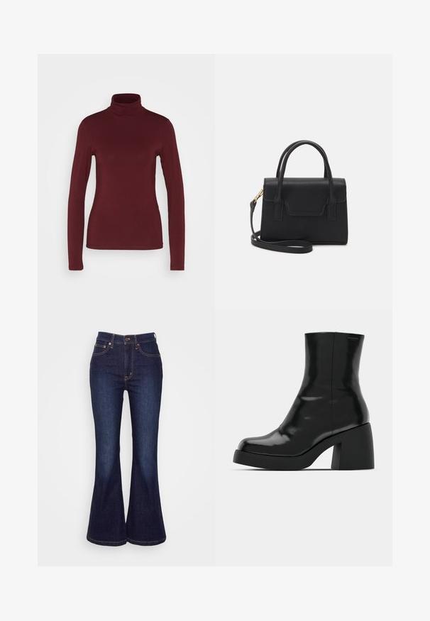 Pieces PCSIRENE ROLLNECK - Langærmet T-shirt - tawny port; Mørkeblå flagrende jeans lavet af denim; har høj talje, frontlukning med knap og diskret syning langs lommer og sømme.; Sorte ankelstøvler med en blank finish, firkantet tå og en tyk blokhæl. Designet har en strømlinet silhuet og minimal branding.; Sort struktureret håndtaske lavet af læder med et topgreb, aftagelig skulderrem og detalje med frontklap. Guldhardware accenter.