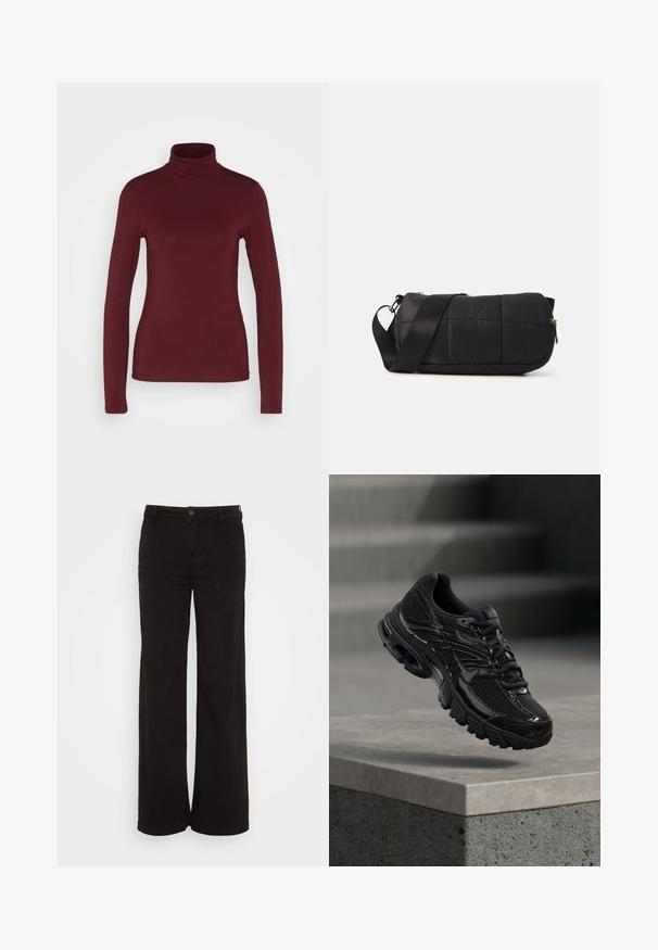 Pieces PCSIRENE ROLLNECK - Longsleeve - tawny port; American Eagle BAGGY WIDE LEG - Wide leg - black wash; Zwarte Nike hardloopschoen met mesh en synthetische bovenkant die boven een betonnen oppervlak en trappen op de achtergrond zweeft.; Zwarte gearceerde tas met een cilindrische vorm, gemaakt van zacht materiaal. Voorzien van een zwarte schouderriem en zilveren hardware. Rits sluiting.