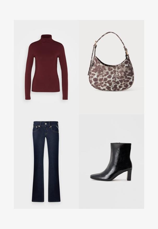 Pieces PCSIRENE ROLLNECK - Langærmet T-shirt - tawny port; Mørkeblå bootcut denim jeans med forreste knap- og lynlåslukning, bæltestropper og fem-lomme-design.; Sorte ankelstøvler lavet af blank læder, med spidse tæer og en mellemstor blokhæl, med en glat tekstur og et enkelt design.; Lille håndtaske med mørkebrun og lys beige dyreprintmønster samt kort skulderrem på hvid baggrund.