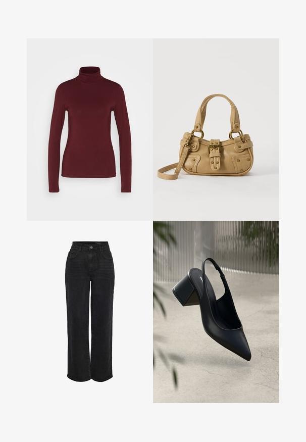 Pieces PCSIRENE ROLLNECK - Langærmet T-shirt - tawny port; Høj talje sorte denim jeans med lige ben, knap i front og fem-lomme design.; Sort læder slingback hæl med spids tå og blokhæl. Glat tekstur, minimalistisk design og justerbar ankelrem.; Beige læderhåndtaske med dobbelte håndtag, messing spænde og nitte detaljer samt en justerbar skulderrem mod en hvid baggrund.