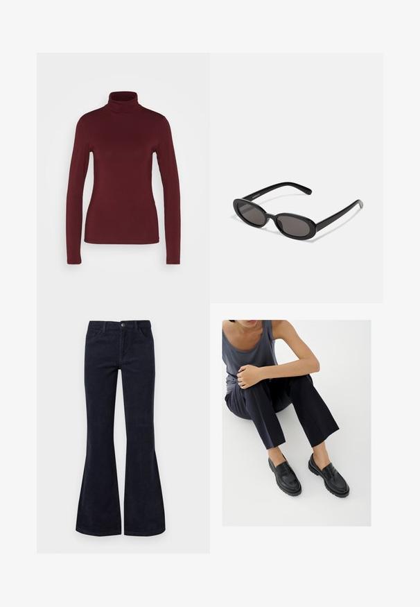 Pieces PCSIRENE ROLLNECK - Langærmet T-shirt - tawny port; Flarede mørkeblå kordfløjspants har høj talje, fem lommer og knaplukning, med en blød tekstur og ribbet overflade.; Sorte læderloafers med teksturerede detaljer, lav hæl, rund tå og synlige syninger. Modellen bærer mørke bukser og en grå top.; Even&Odd Solbriller - black