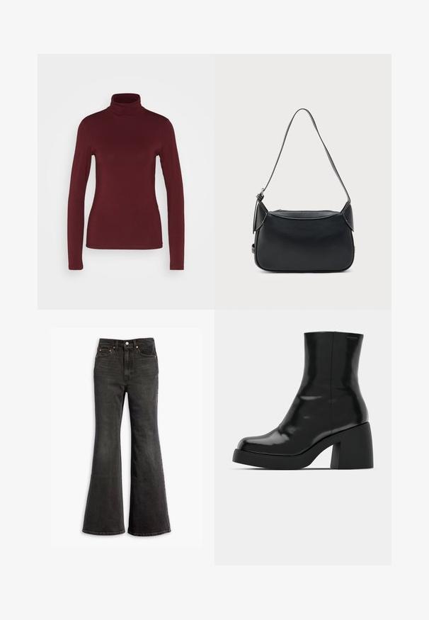 Pieces PCSIRENE ROLLNECK - Top s dlhým rukávom - tawny port; Čierne vysokopásové džíny s rozšírenými nohavicami, dizajnom s piatimi vreckami a medenými klinmi.; Čierne členkové topánky s lesklým povrchom, štvorcovou špičkou a širokým blokovým opätkom. Dizajn sa vyznačuje bezšvovou siluetou a minimálnym brandingom.; Čierna kožená kabelka na rameno s hladkou textúrou, zaobleným tvarom a tenkým remienkom. Má zipsové zapínanie a minimálne kovové doplnky.