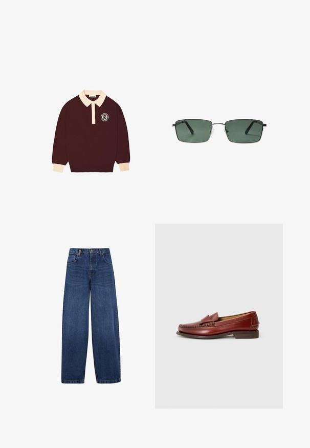Bordeaux lange mouwen polo shirt met een crèmekleurige kraag en manchet, knoopsluiting en een cirkelvormig "Prohibited Berlin" logo op de linkerkant van de borst.; Wijdvallende blauwe denim jeans met een klassiek vijf-pocket ontwerp, knoopsluiting en een licht vervaagde textuur. Stevige stikdetails.; Bruine leren instappers met een gladde afwerking, decoratieve stiksels en een voorste kwastaccent. Lage, solide bruine hak, slank ontwerp.; Rechthoekige donker groene getinte glazen met dunne zilveren metalen monturen en neussteuntjes, afgebeeld tegen een witte achtergrond.